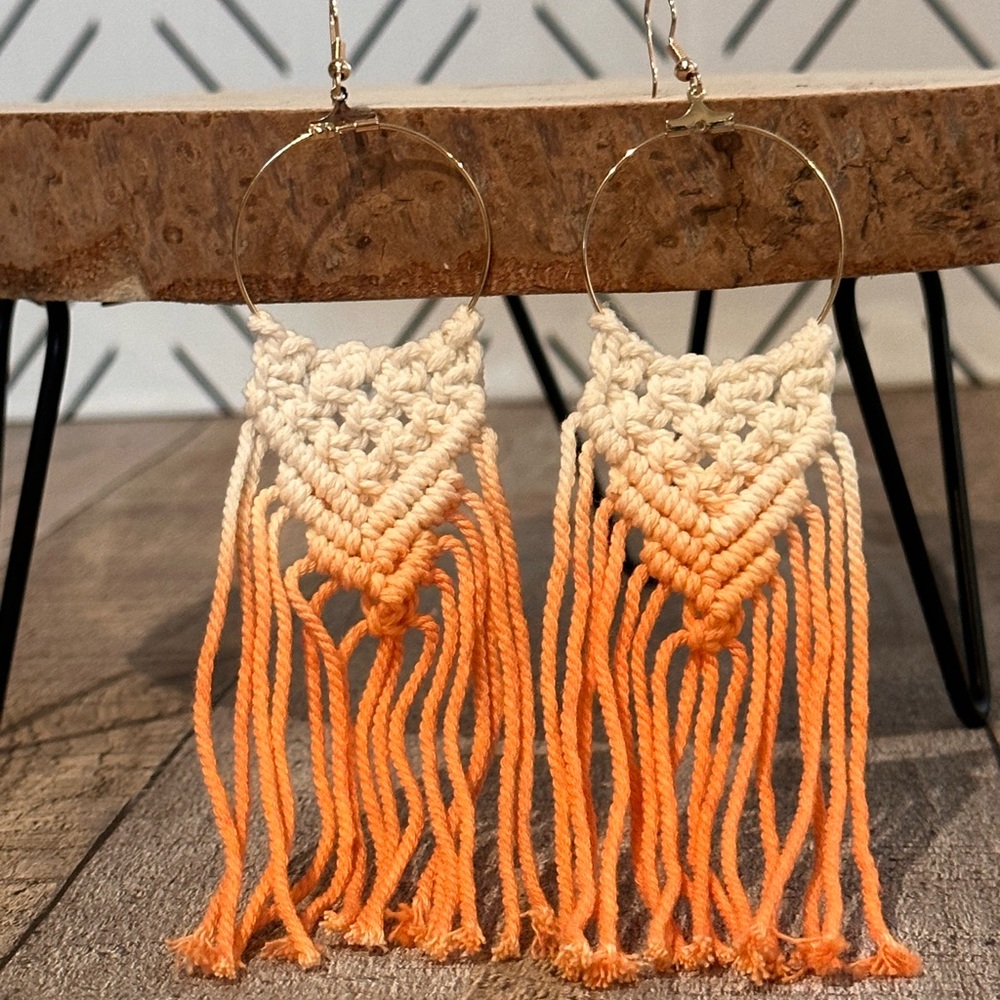 New Boho orange ombré macrame hook earrings.